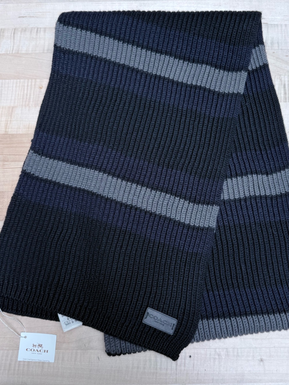 NWT Coach 100% Wool Black Gray Stripe Wool Varsity Scarf Preppy Dad gift